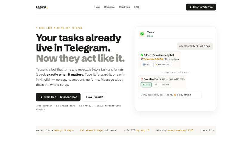 Tasca landing page